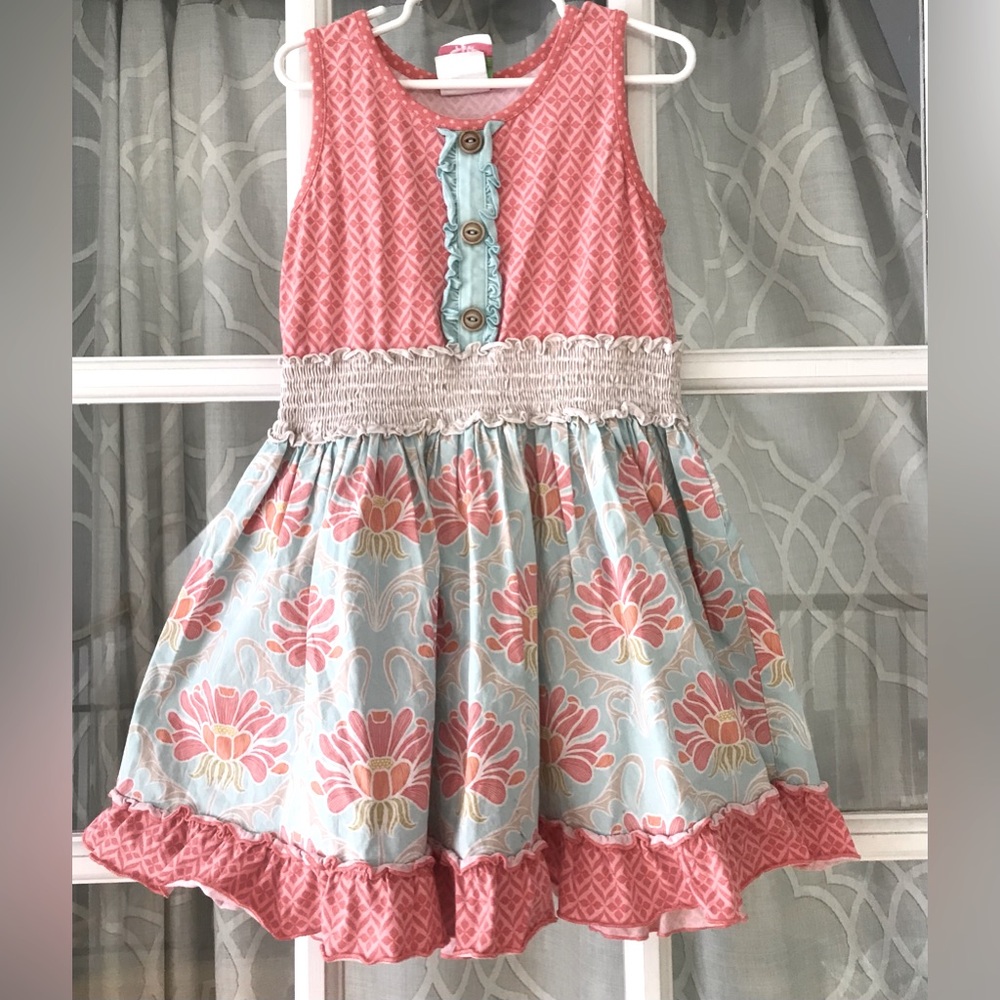Shrimp & Grits size 7 - 8 years dress, coral pink and light turquoise /sky blue